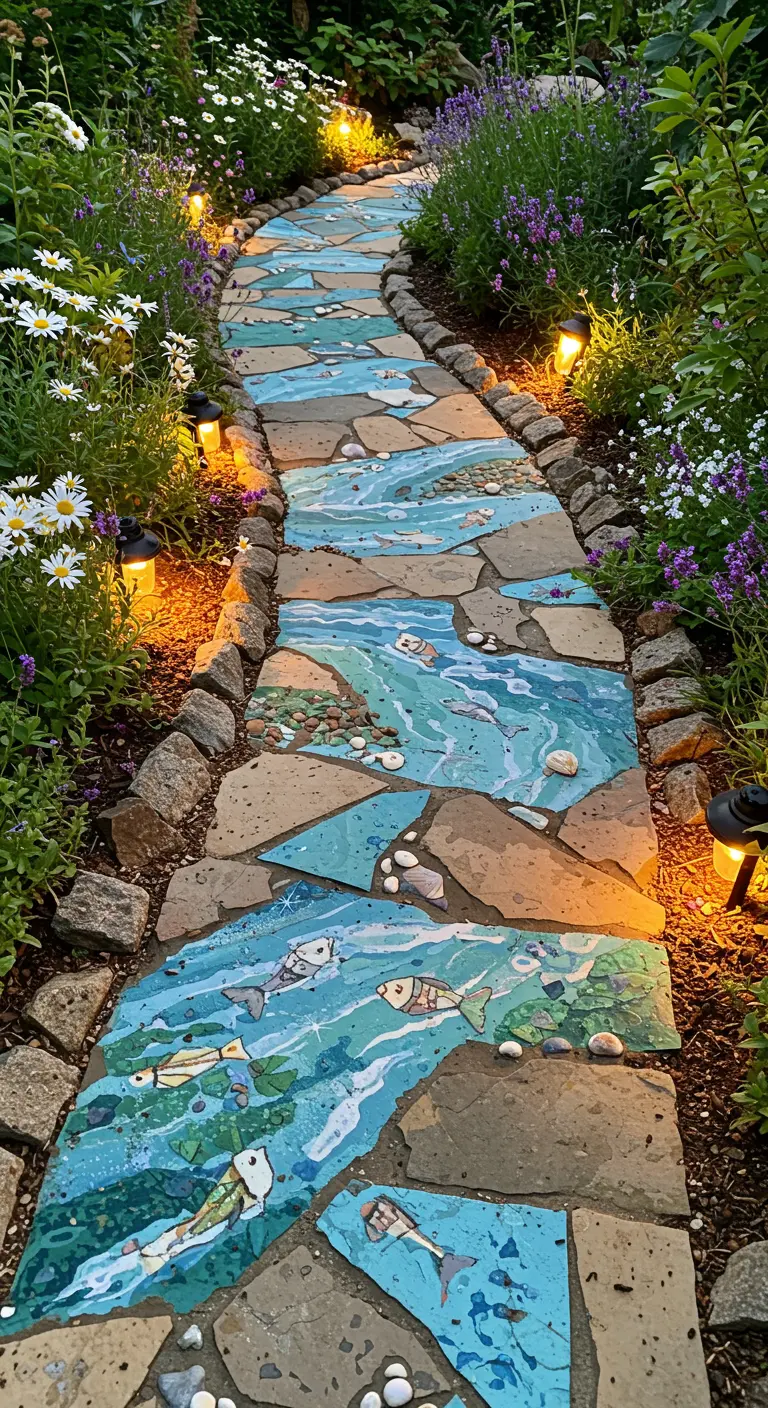 A winding stone path decorated to look like a river with fish and water.