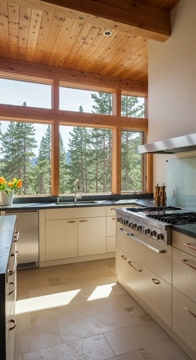 Modern rustic kitchen with large windows overlooking a pine forest.