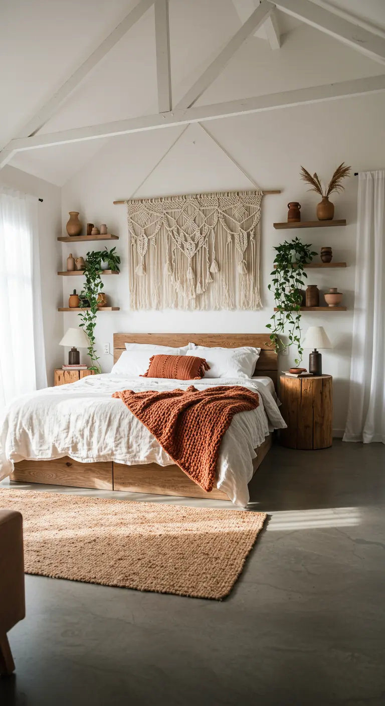 Boho bedroom with a large macramé hanging between two sets of wooden floating shelves.
