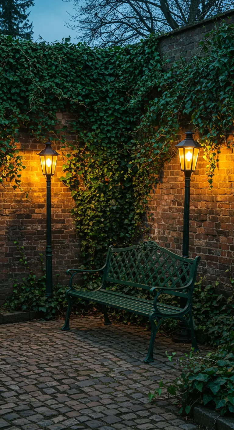 A green Victorian park bench flanked by two lit lampposts against an ivy-covered brick wall.