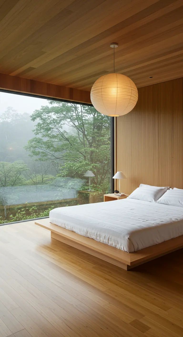 Minimalist wood-paneled bedroom with a large window and paper lantern.