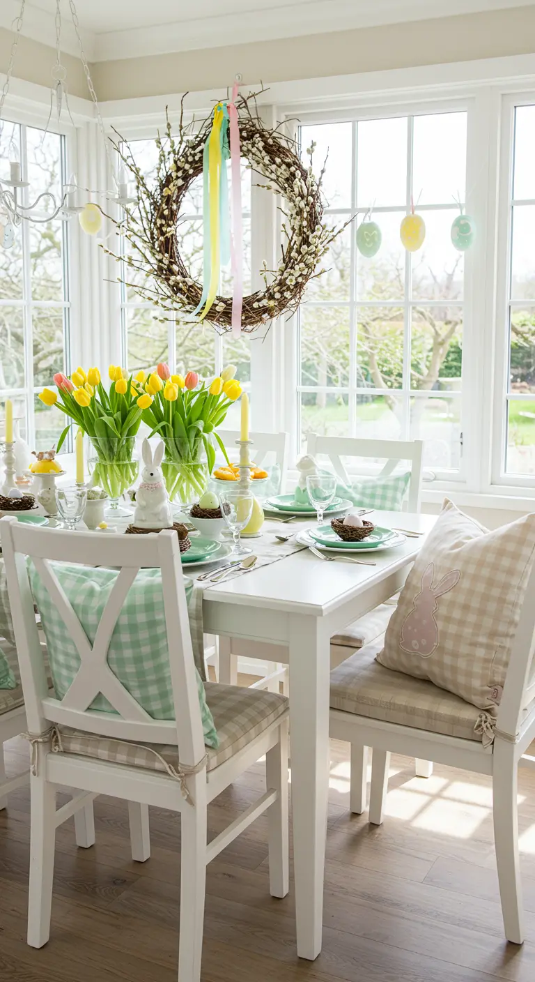 Bright Easter tablescape with yellow tulips, gingham accents, and a ribboned twig wreath.