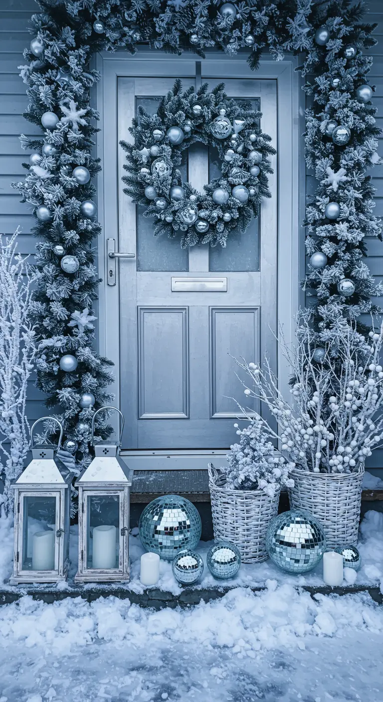 A frosted, icy blue entryway decorated with silver baubles, white lanterns, and sparkling disco balls.
