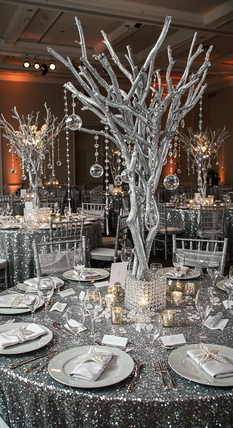 Winter-themed beach party table with silver branches and crystal accents.