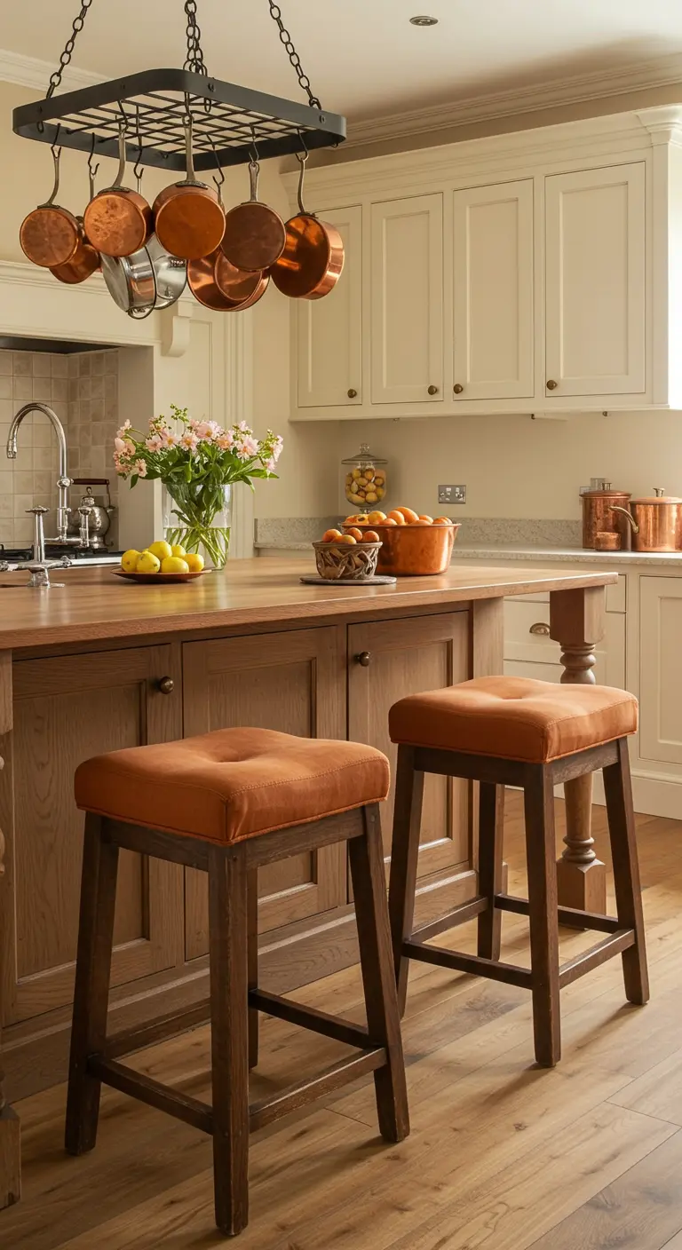 Kitchen with an oak island, hanging pot rack with copper pans, and orange velvet stools.