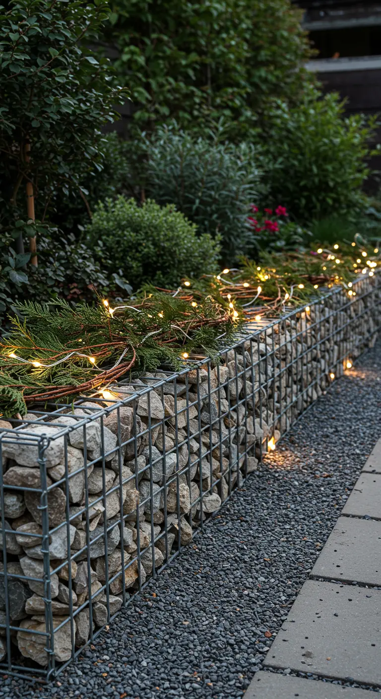 A stone-filled gabion wall topped with grapevine wreaths, evergreens, and delicate fairy lights.