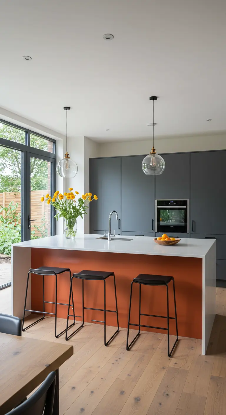 Modern kitchen with an orange panel on the island and black stools.