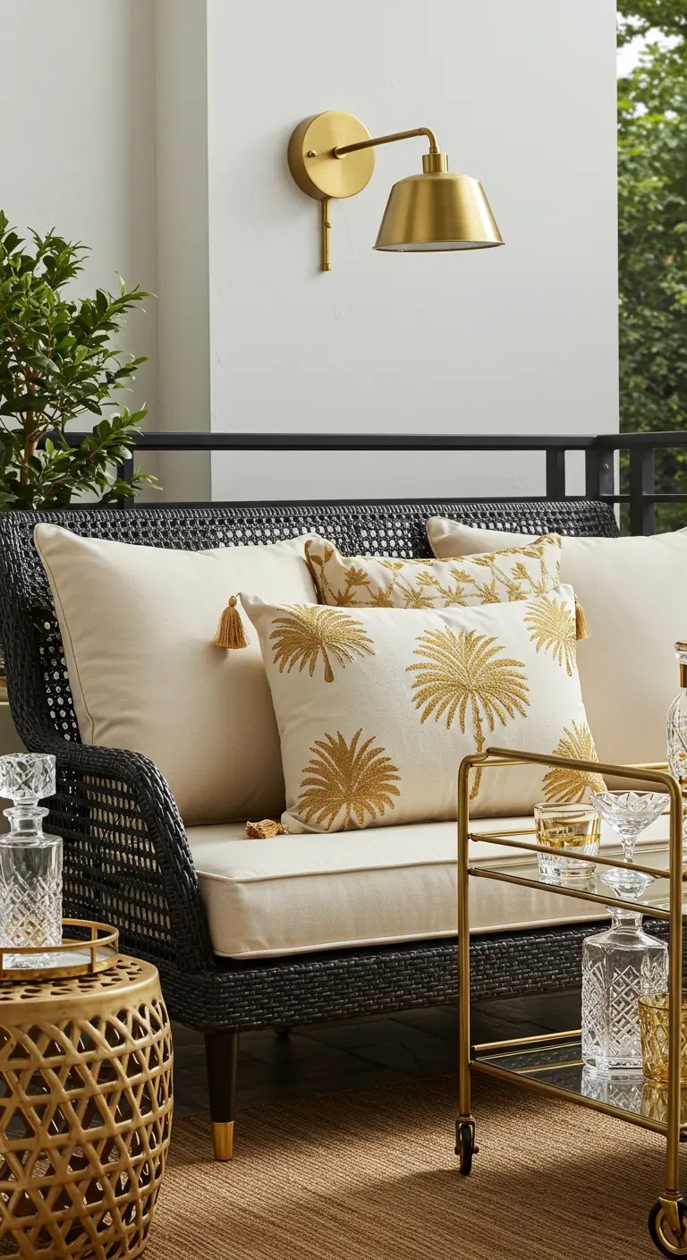 A black wicker sofa with cream and gold palm-print pillows next to a gold bar cart.