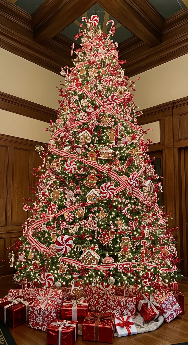 Extravagantly decorated Christmas tree with gingerbread ornaments and red-and-white ribbons.