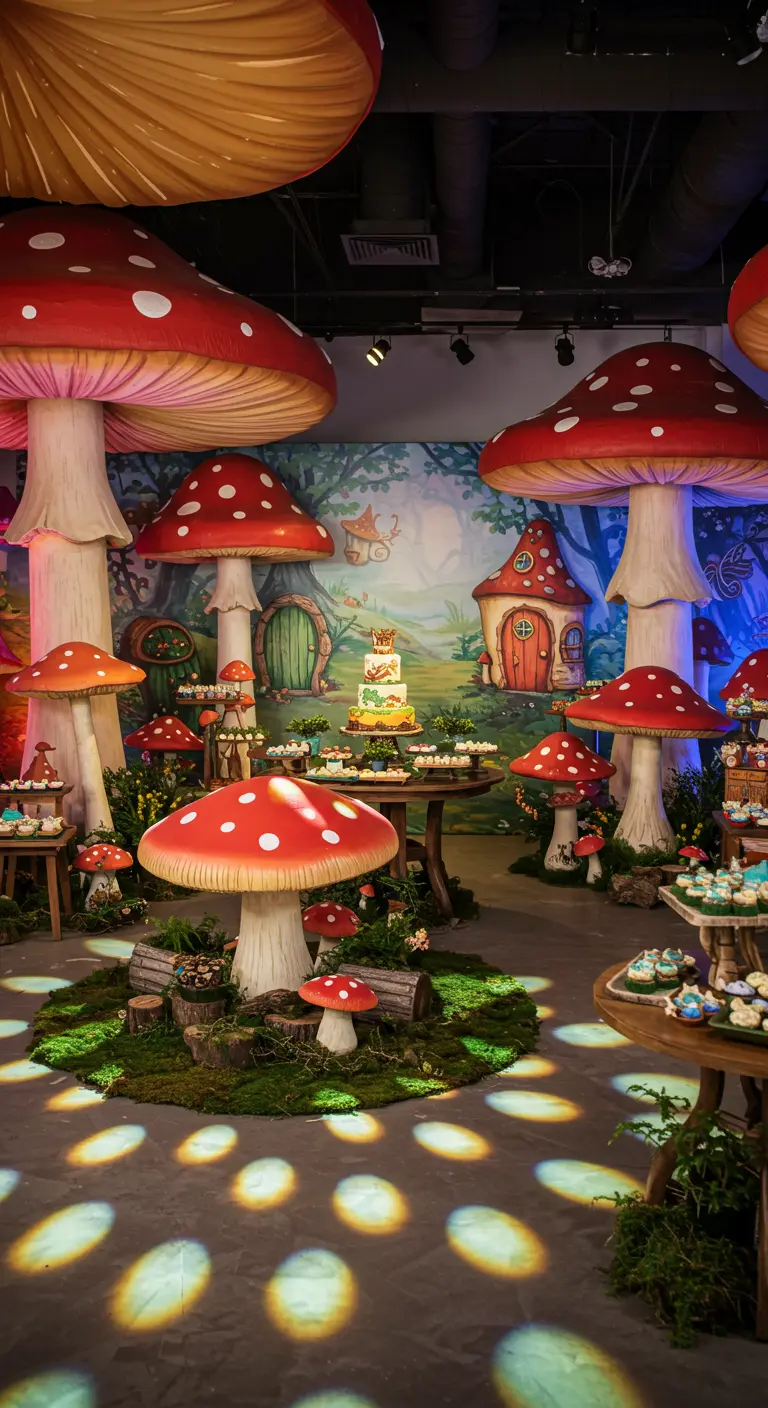 A party space filled with giant red-and-white mushroom props and whimsical forest decor.