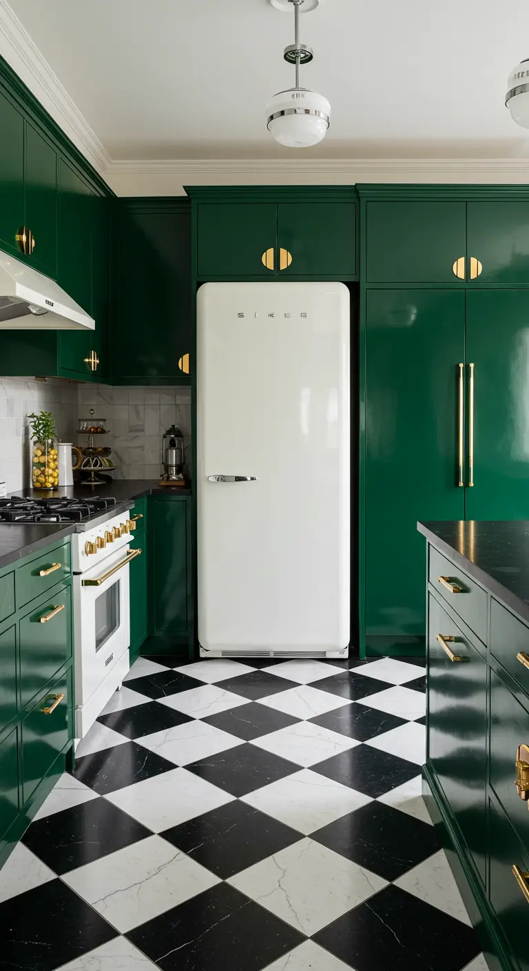 Kitchen with glossy green cabinets, a white fridge, and a black and white marble checkerboard floor.