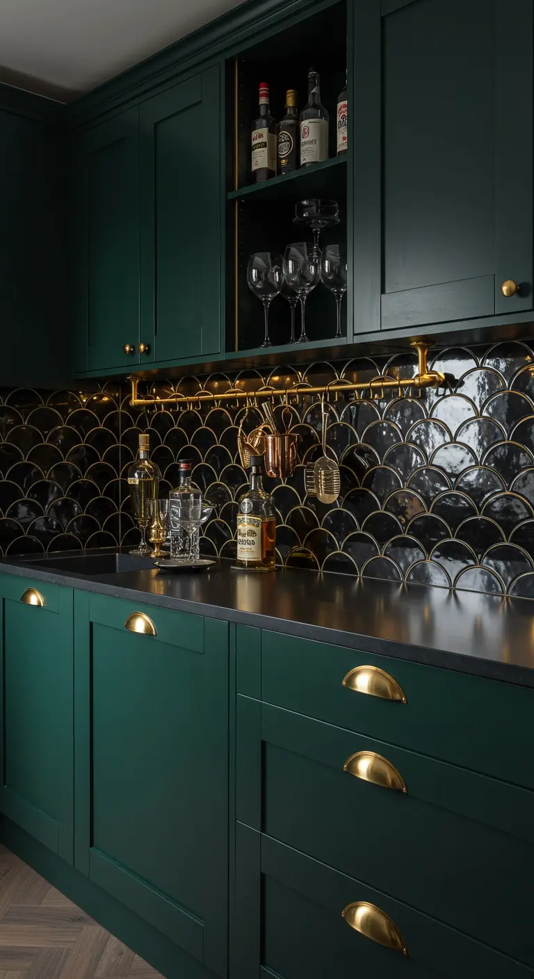 Dark green cabinets with a black fish-scale tile backsplash and brass hardware.