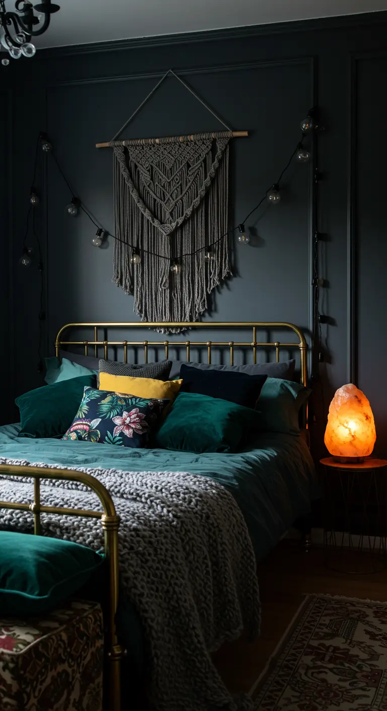 A moody bedroom with dark walls, a brass bed, and a grey macramé hanging.