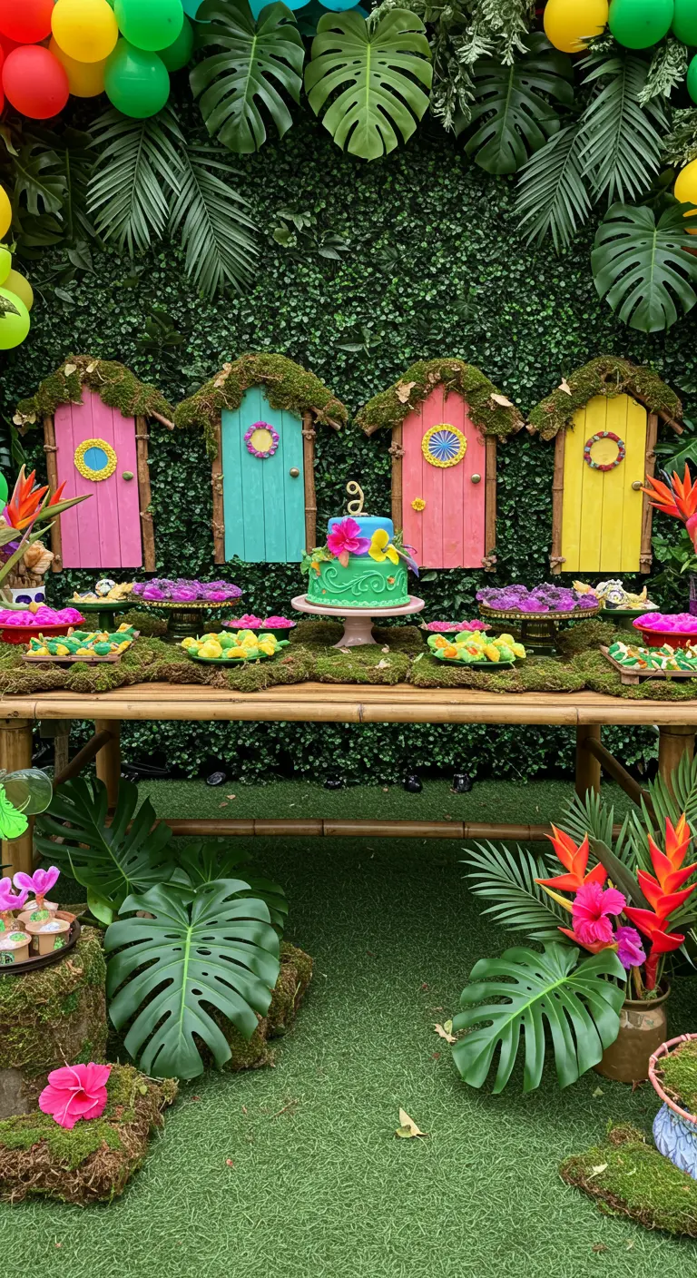 A tropical fairy party with a green wall, colorful tiki-style fairy doors, and monstera leaves.