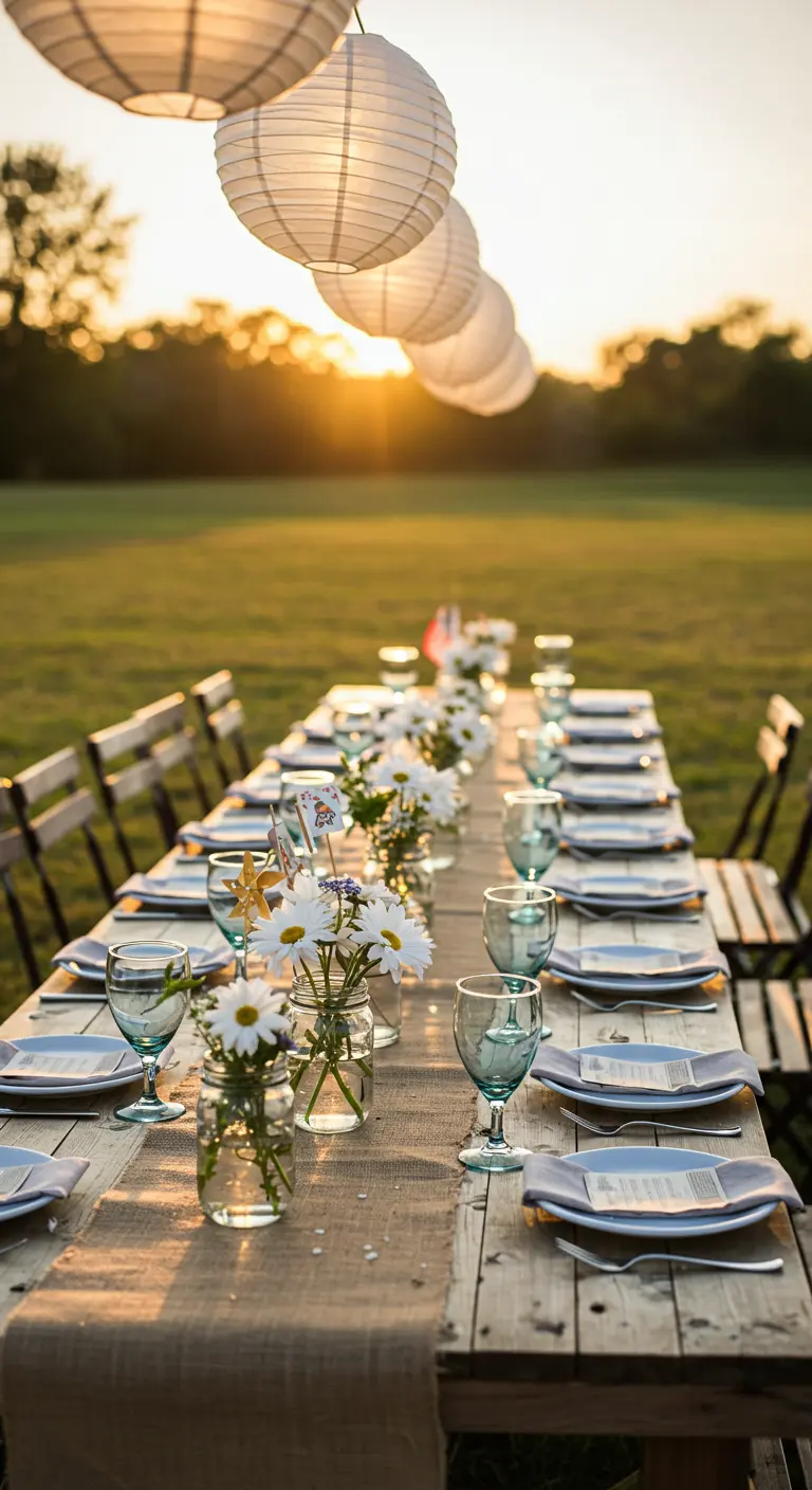 Rustic wooden dining table set for sunset with a burlap runner and mason jars of daisies.