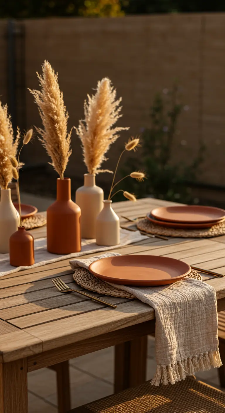 Outdoor table with terracotta plates, pampas grass, and woven placemats at sunset.