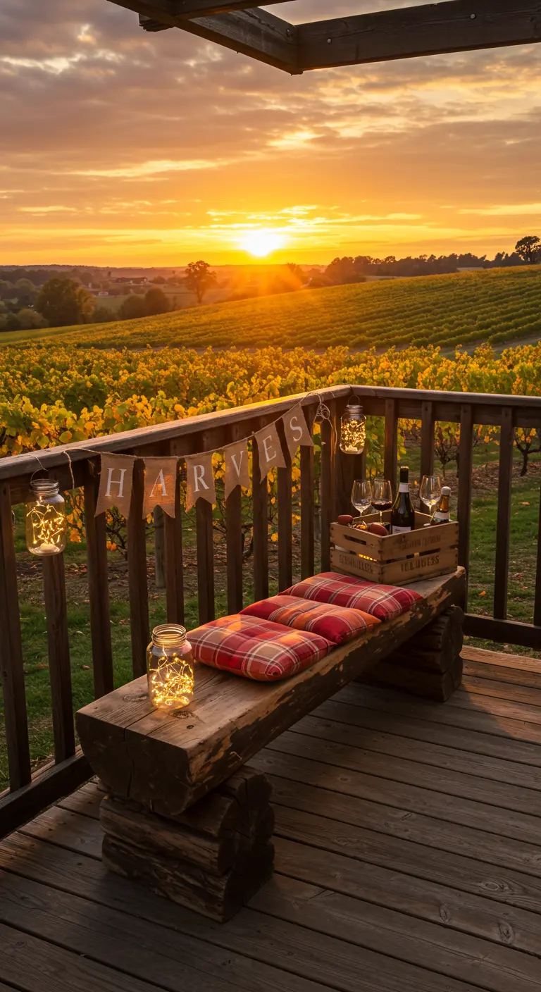 A log bench with a plaid cushion overlooking a vineyard at sunset.