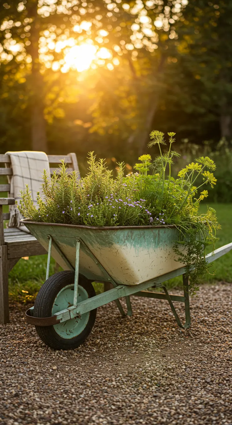 A vintage green wheelbarrow filled with herbs, backlit by a warm sunset in a garden.
