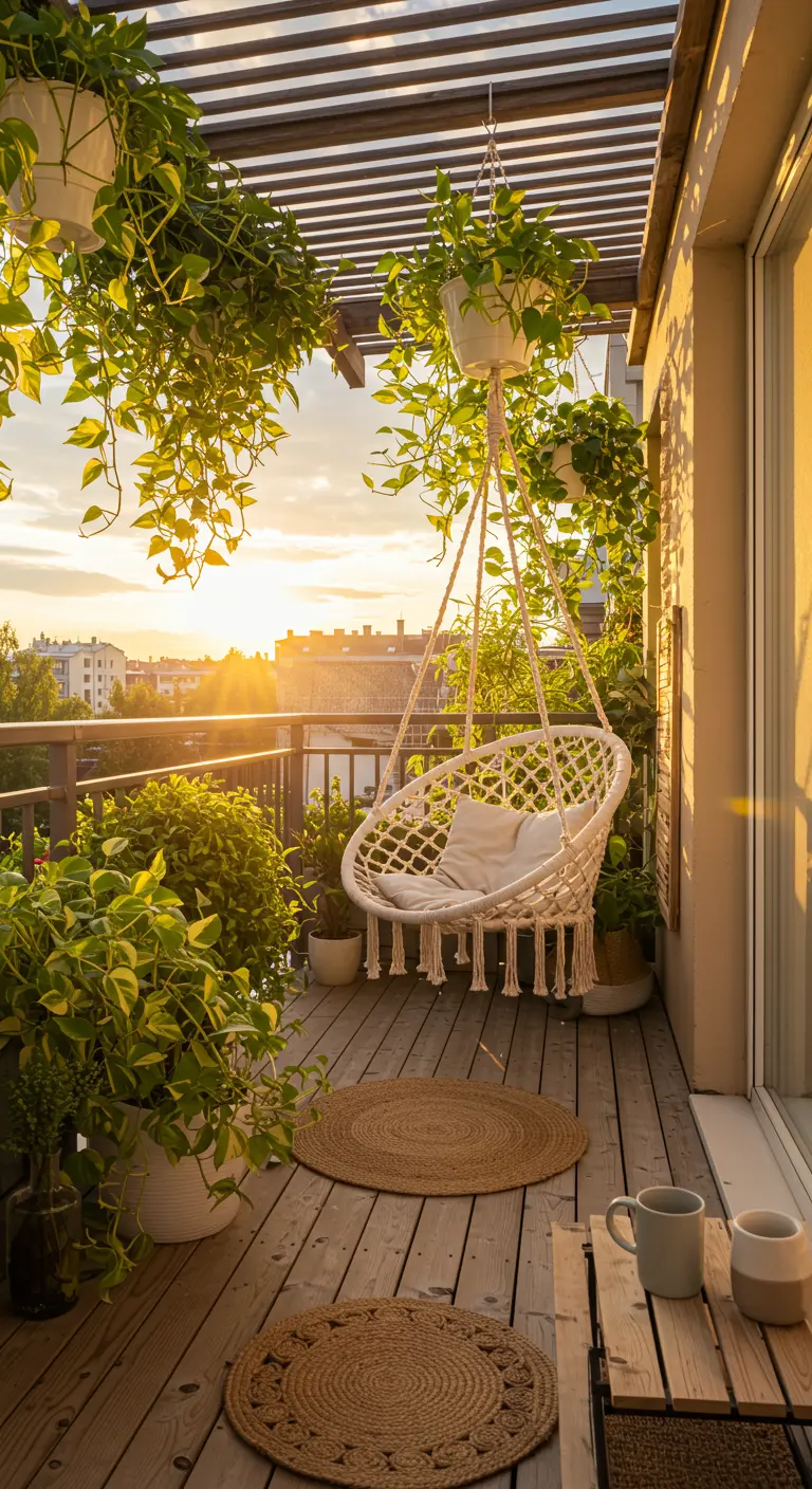 Sunset on a balcony with a macramé hanging chair and lush pothos plants.