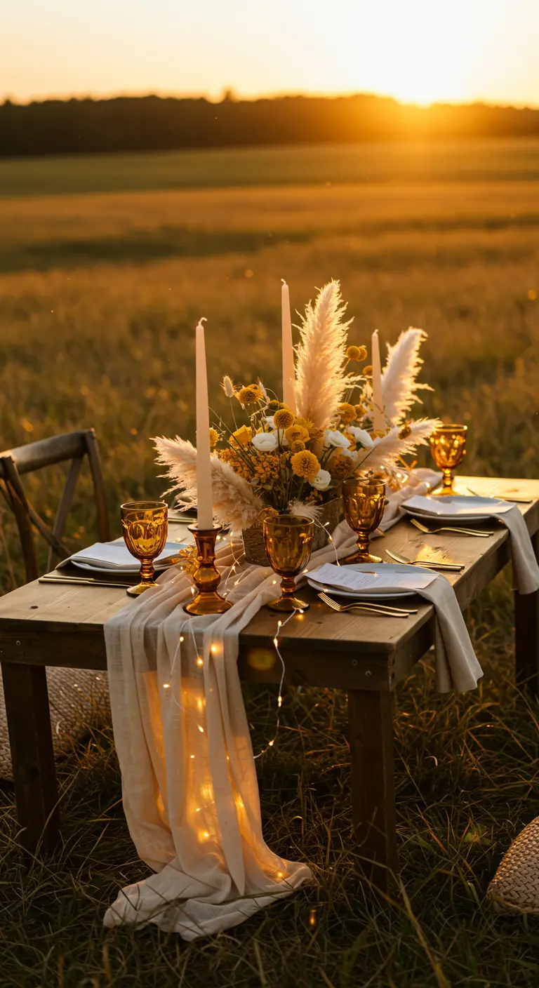 Table in a grassy field at sunset with pampas grass, amber glasses, and fairy lights.