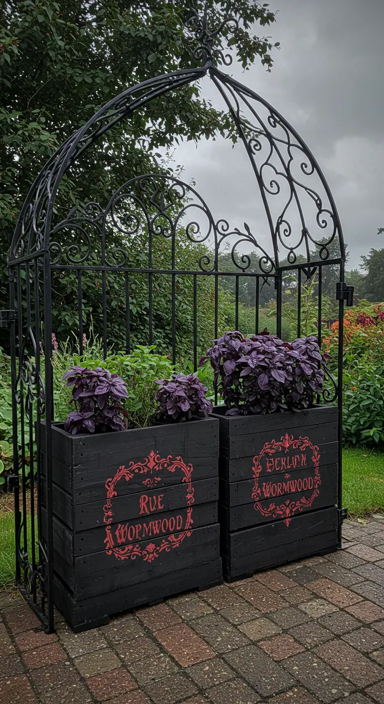 Black pallet planters with red ornate stencils flanking a black metal gate.
