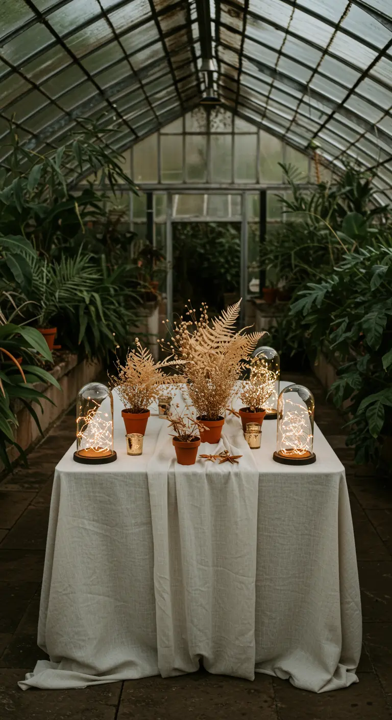 Table in a greenhouse with dried ferns in terracotta pots and bell jars filled with fairy lights.