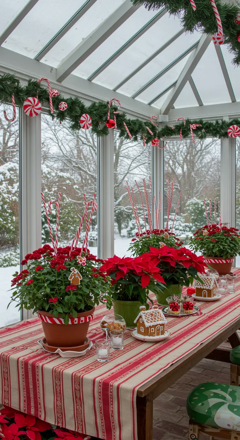 Sunroom table decorated with poinsettias, candy canes, and a gingerbread theme.