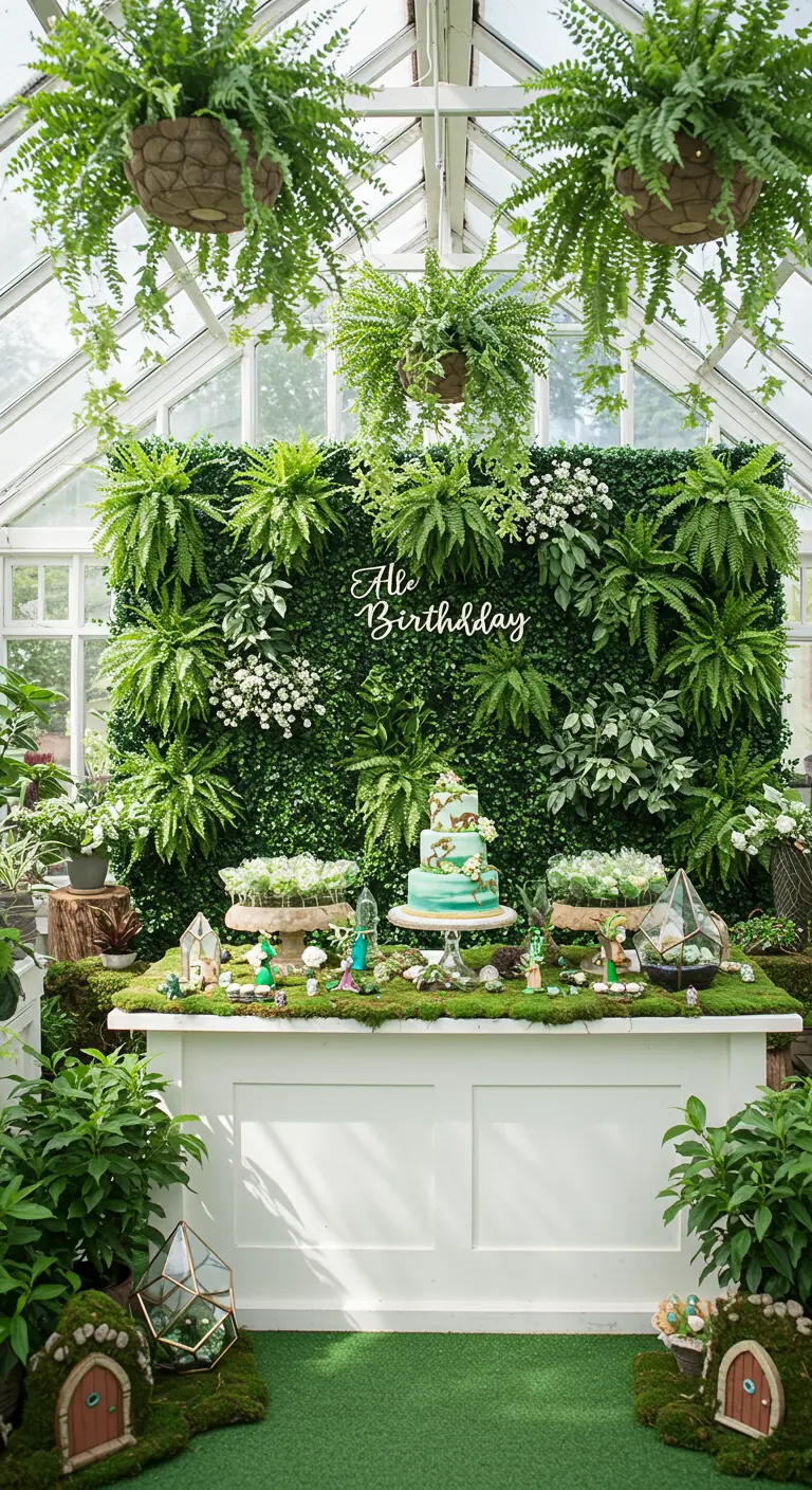 A dessert table in front of a living wall of ferns and white flowers inside a greenhouse.