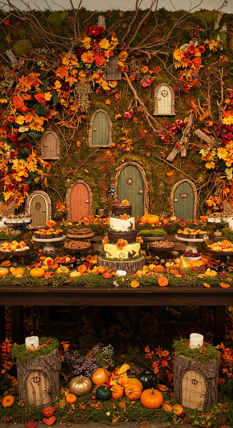 An autumn-themed fairy party with a moss and leaf wall, pumpkins, and a tiered cake.