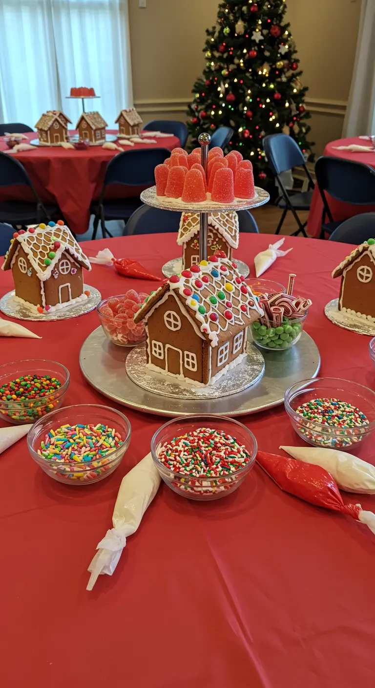 Party table set up for gingerbread house decorating with candy and icing.