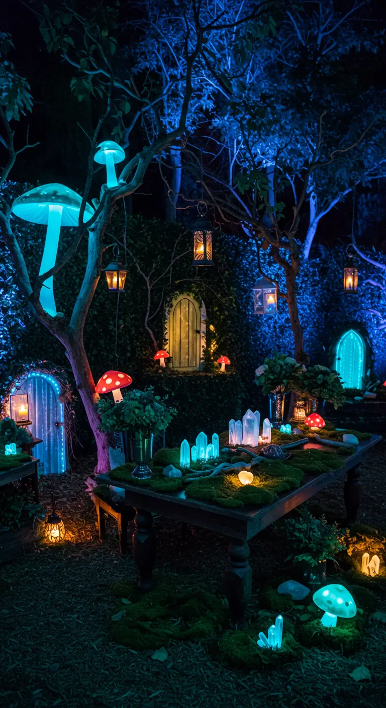 A nighttime enchanted forest party with glowing blue mushrooms, fairy doors, and crystals.