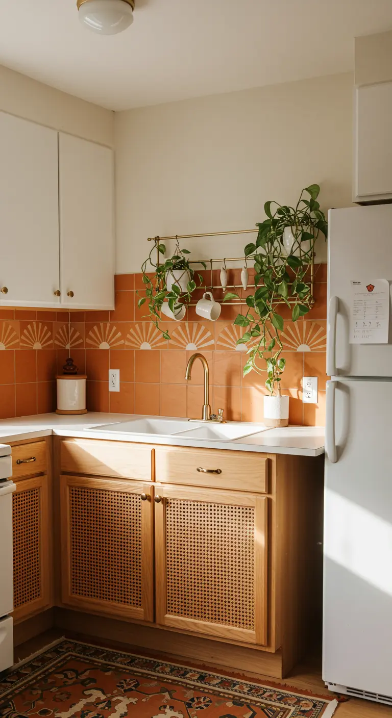 Kitchen with rattan cabinet doors and a stenciled terracotta tile backsplash.