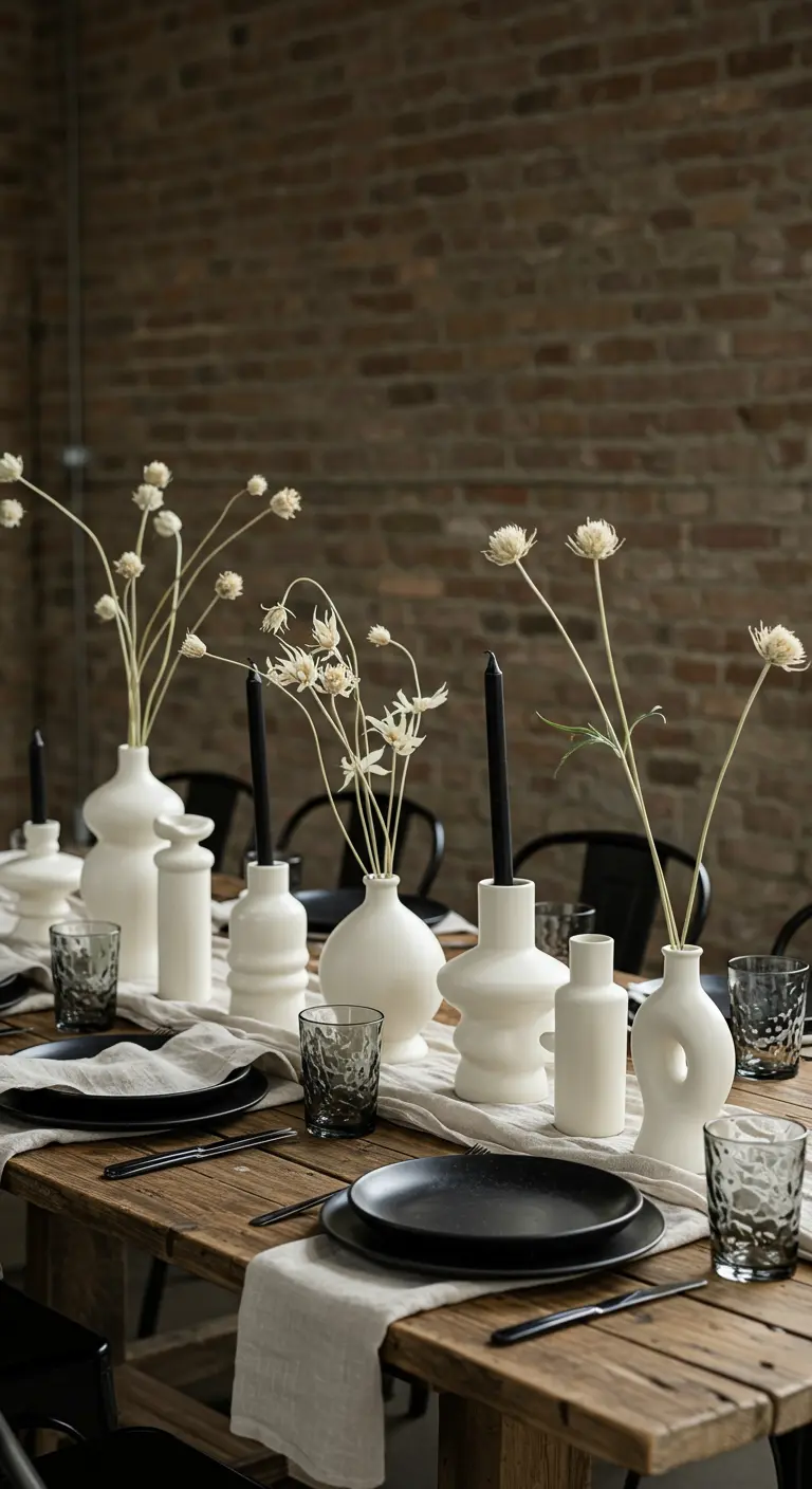 Rustic wood table with a runner of white vases and black candles, against a brick wall.