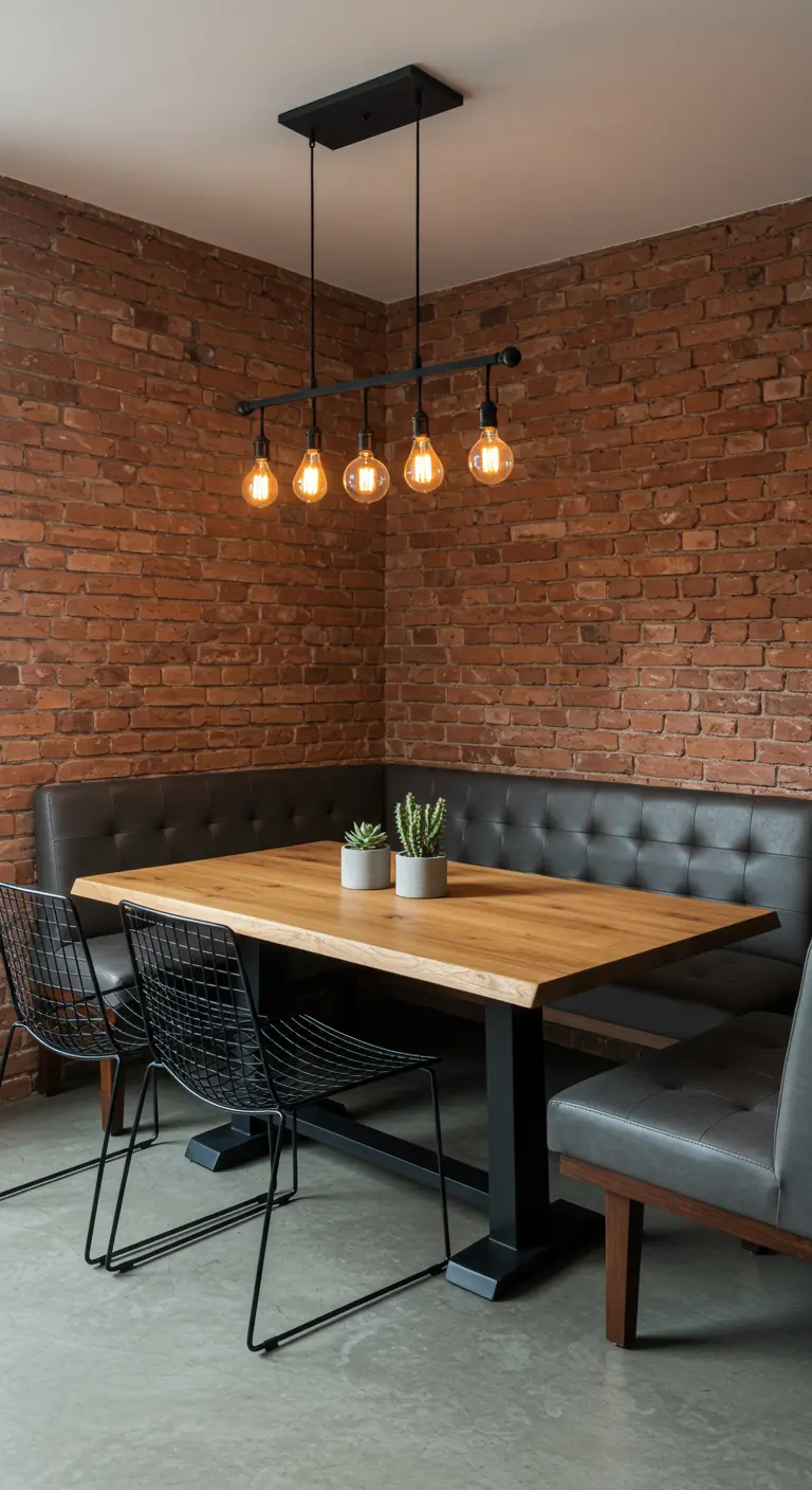 Industrial dining nook with an exposed brick wall and a black leather banquette.