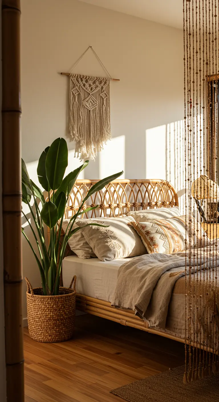 Boho bedroom with a rattan bed, macrame wall hanging, and large plant.