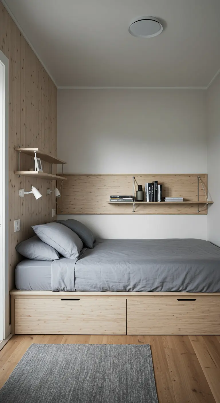 Compact bedroom with a built-in platform bed, storage drawers, and shelving.