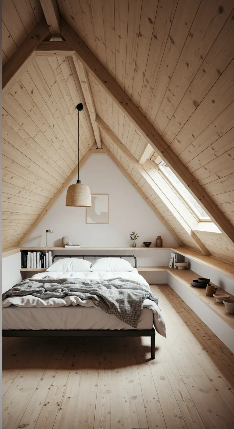 A-frame loft bedroom with wood-paneled ceiling and low built-in bookshelves.