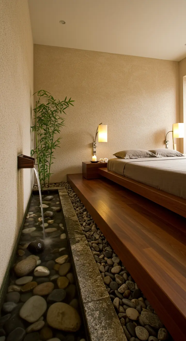 Bedroom with a raised platform and a built-in water feature with river rocks.