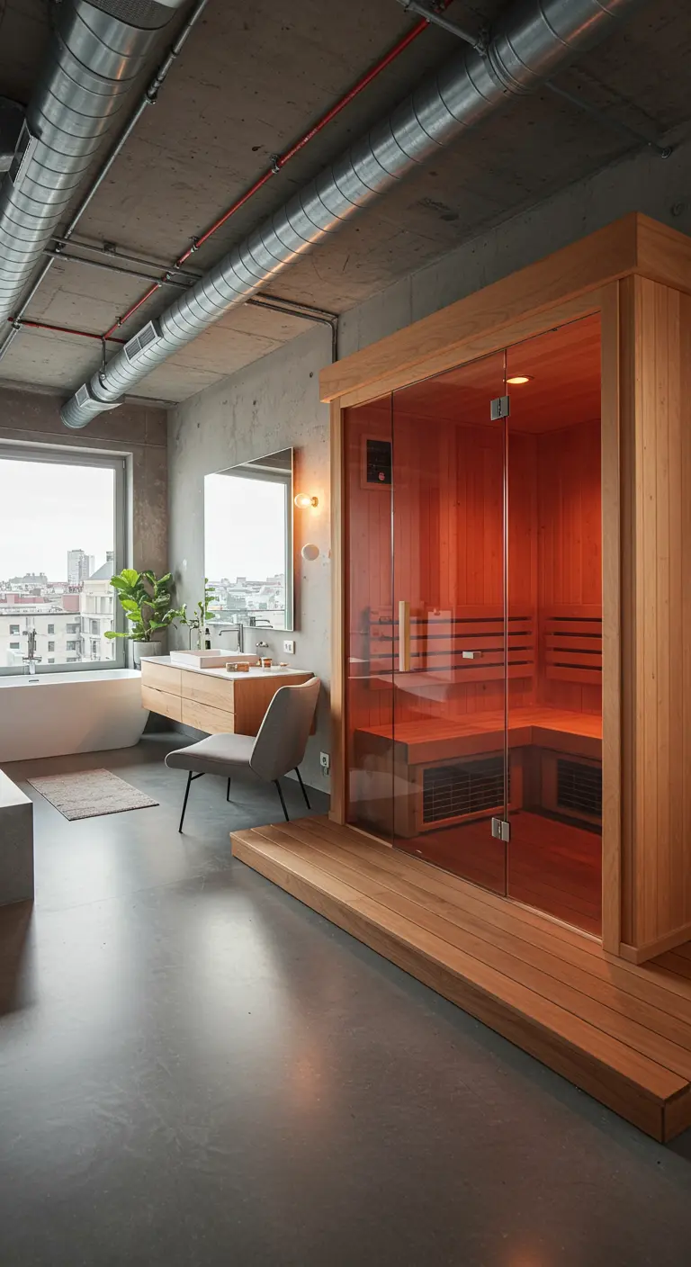 Loft bathroom with a modern wooden sauna and city view from the window.