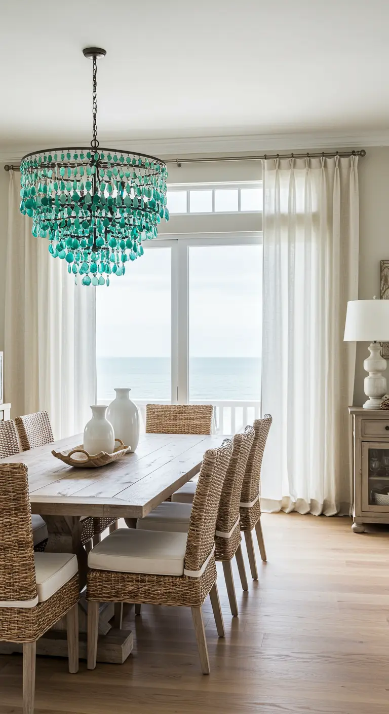 Coastal dining room with a large turquoise beaded chandelier over a wooden table.