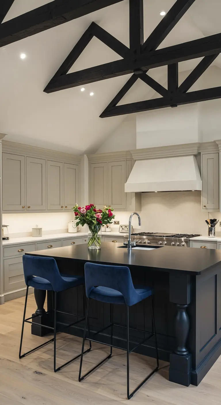 Kitchen with grey cabinets, a large black island, and dark wooden beams on the vaulted ceiling.