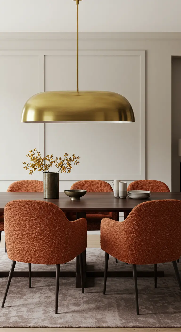 Dining room with burnt orange bouclé chairs around a dark wood table.