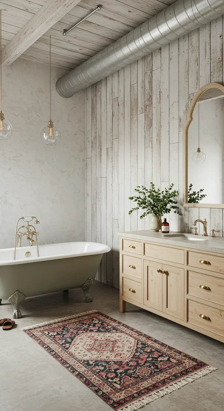 Bathroom blending industrial and farmhouse styles with a clawfoot tub.