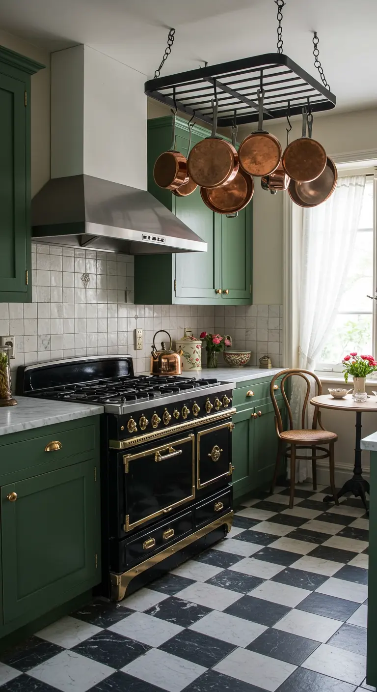 Kitchen with dark green cabinets, a black and gold stove, and a marble checkerboard floor.