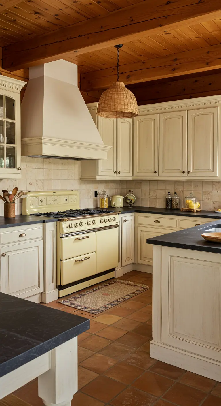 Rustic kitchen with cream cabinets, a vintage yellow stove, and terracotta floors.
