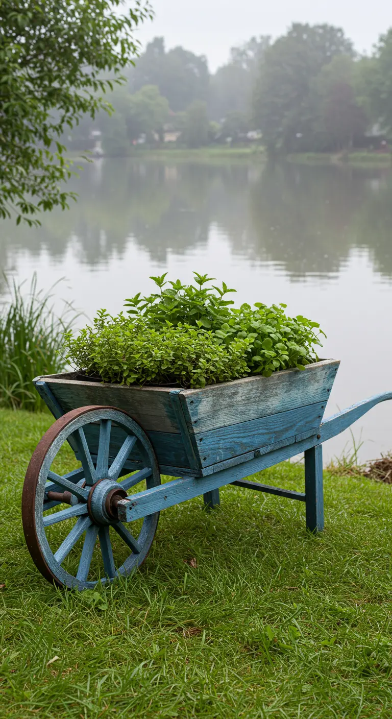 A weathered blue wooden cart filled with mint sits on the grassy shore of a calm lake.