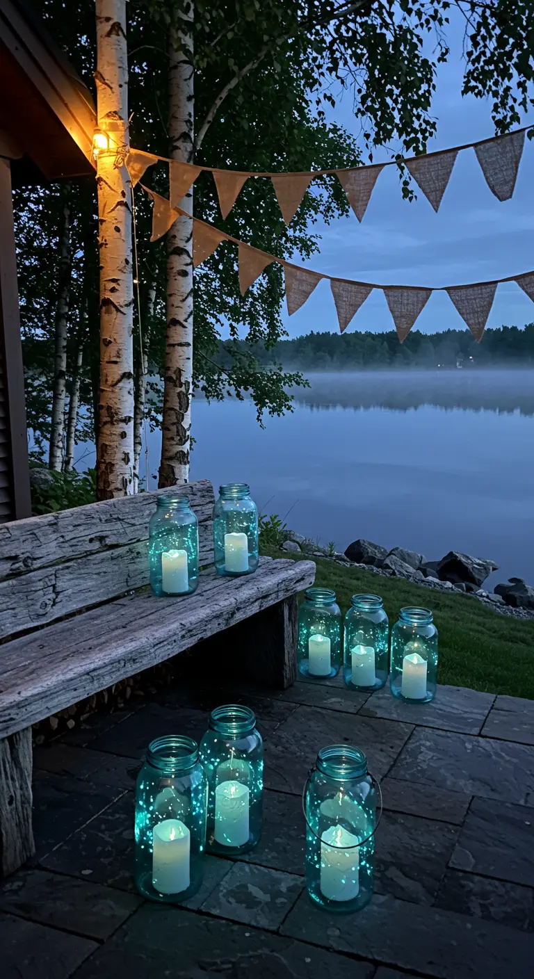 Weathered bench by a misty lake with glowing blue mason jars and a burlap banner.