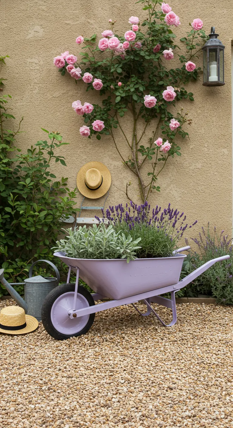 A lavender-painted wheelbarrow filled with lavender and sage, placed in front of a wall with climbing pink roses.