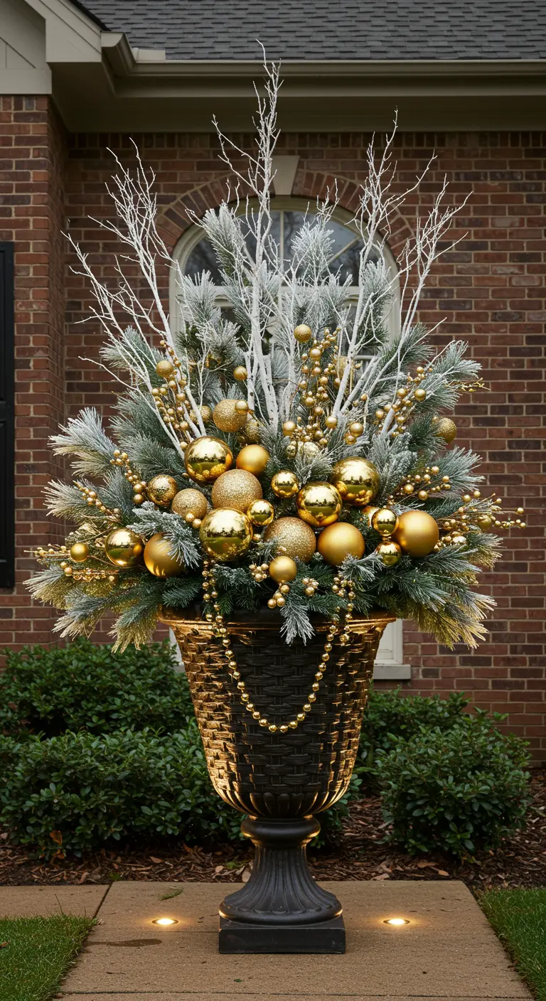 An ornate urn overflowing with flocked branches, a gold beaded garland, and many gold baubles.