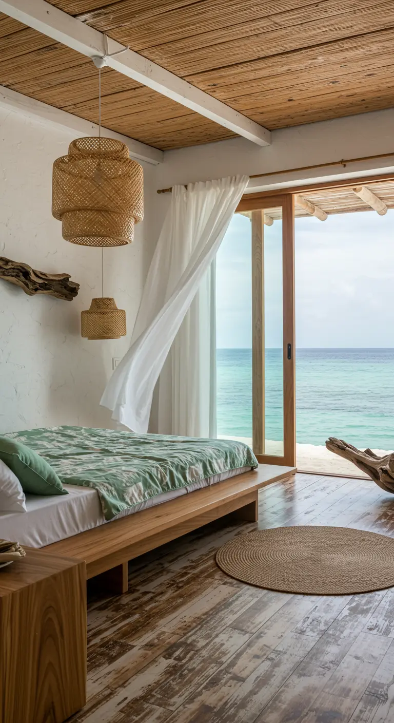 Coastal bedroom with bamboo ceiling, wicker lights, and ocean view.